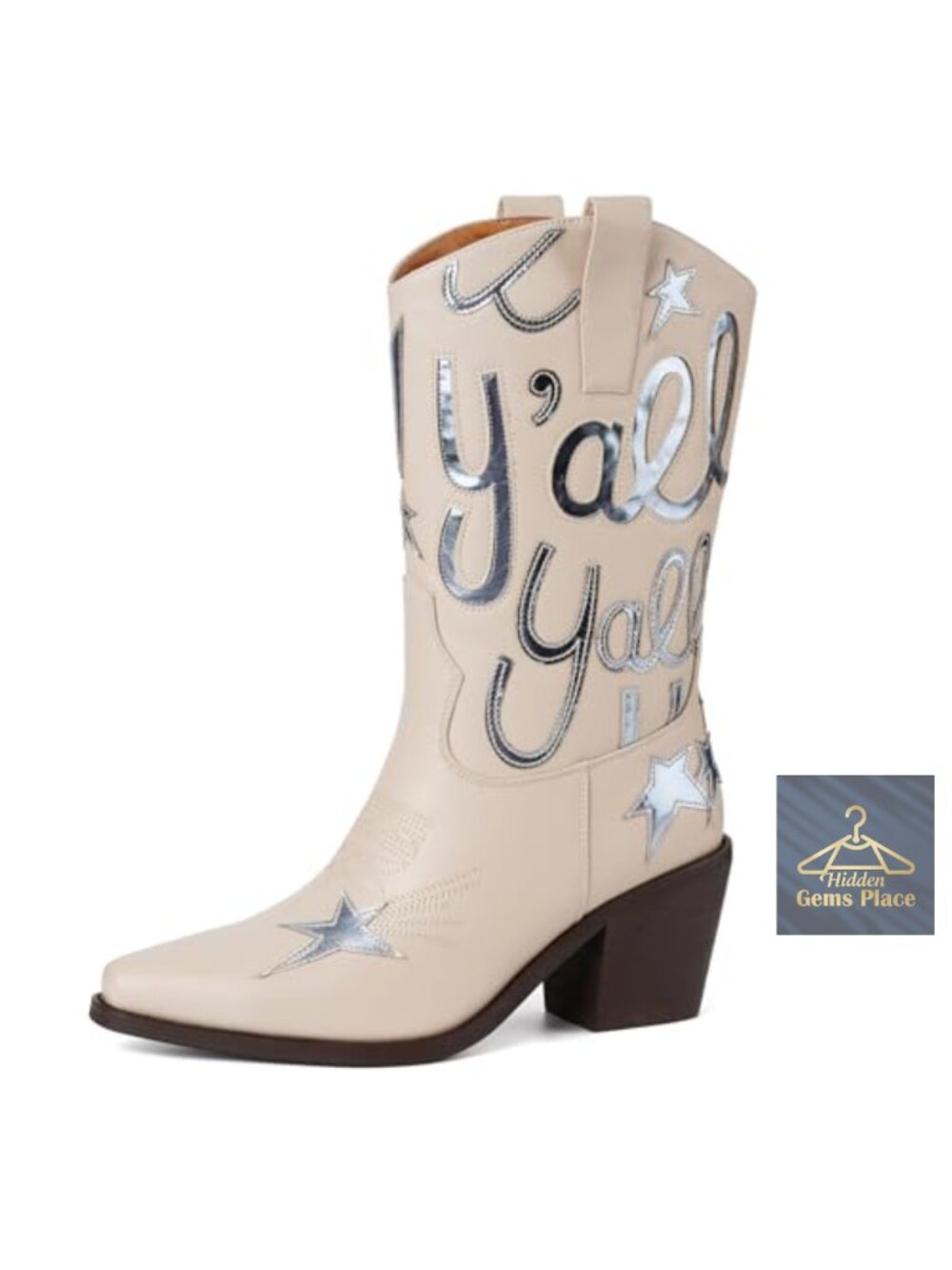 Mid Calf Cowboy Boots Faux Leather Pull On Pointed Toe Chunky Block Heel